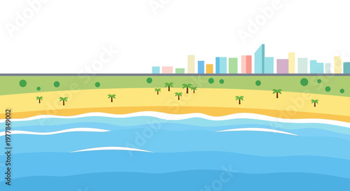 A serene tropical beach landscape with a distant city skyline in a minimalist flat vector style.