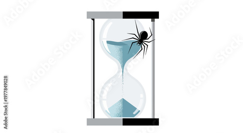 A spider sitting on a glass hourglass with blue sand inside.