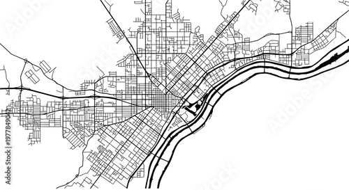 Abstract minimalist black and white street map illustration of an urban city layout.