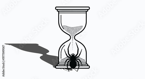 Black spider trapped inside a vintage hourglass.