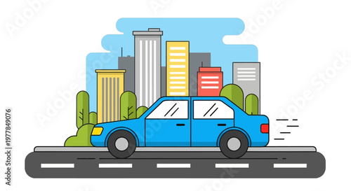 Flat vector illustration of a blue sedan car driving on a road.