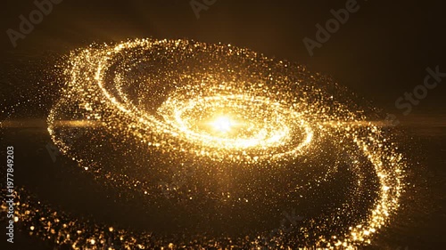 Vibrant swirling galaxy with bright yellow center and sparkling particles in a mesmerizing cosmic dance, rendered in a stylized abstract artistic style.
