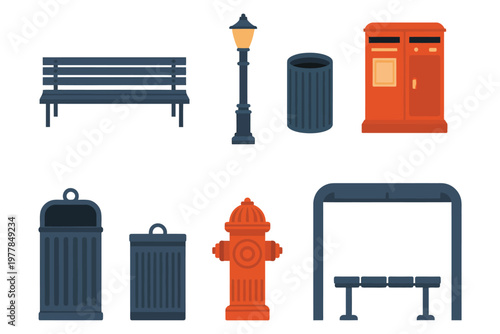 Set of urban street furniture icons featuring bench, lamppost, and waste receptacles, clean vector illustrations ideal for city planning