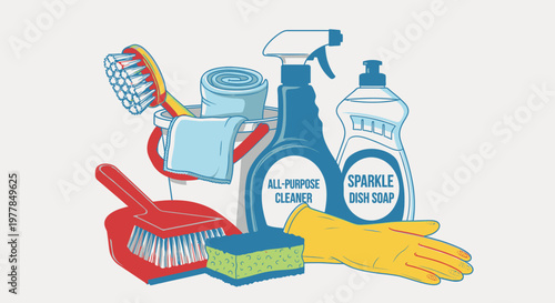 Cleaning supplies household items.
