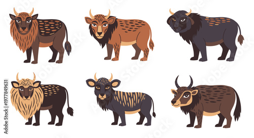 Collection of bison in various poses.