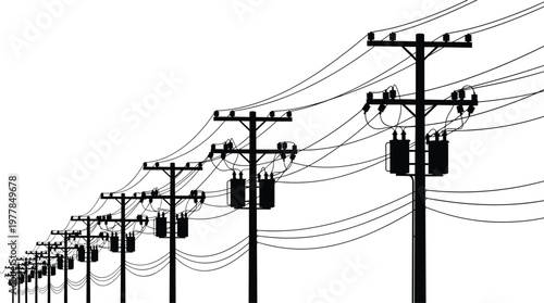 Electricity, utility, poles, silhouette, with, power, lines, and, transformers, infrastructure, energy, transmission, grid, voltage, cable, industrial, wire, black, white, vector,