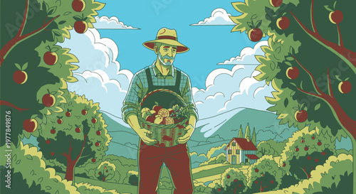 Man holding basket of fresh apples.