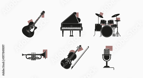 Musical Instruments Grouped Together Silhouettes.