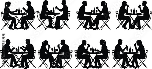 Romantic Couple Dining Silhouette Vector Set, Featuring Man and Woman Eating at Cafe Table, Drinking Wine, Dating, and Restaurant Conversation Icons.