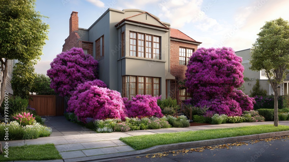 Obraz premium Charming suburban home surrounded by vibrant pink flowering bushes, showcasing beautiful architectural design and landscaping