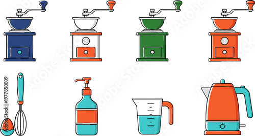 Kitchen Tools and Appliances Icon Set with Coffee Grinder, Teapot, Spoon, and Measuring Cup for Cooking and Culinary Illustrations