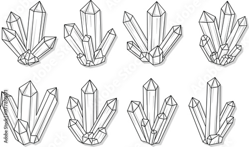 Crystal cluster set featuring magical quartz gemstone sketches in line art style for spiritual healing mystical jewelry and geometric nature design