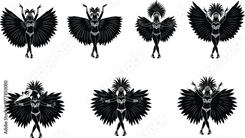 Samba dancer silhouette set, Brazilian carnival showgirl poses, exotic feather costume, Rio festival performer, tropical dancer vector, parade woman, dancer.