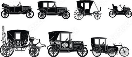 Vintage classic car silhouette set including antique horseless carriages retro automobile designs and old fashion transportation icons for historical design projects