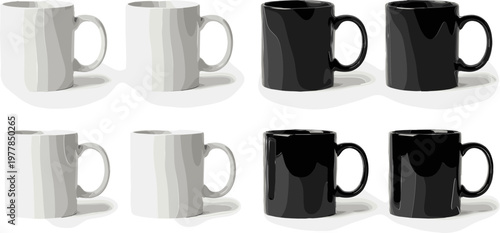 Minimalist Mug Collection Featuring White and Black Mugs with Glossy Finish for Beverage, Coffee, and Kitchen Illustrations