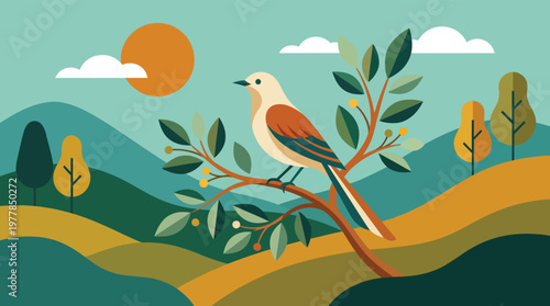 A serene and colorful illustration depicting a graceful bird perched on a leafy branch, overlooking a vibrant natural landscape with rolling hills, lush trees, and a bright sun under a clear sky