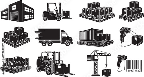 Warehouse and logistics icons in black and white