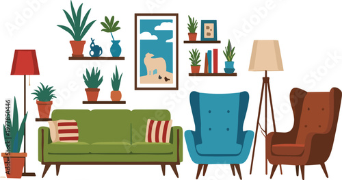 Living Room Interior Set with Sofa, Armchairs, Floor Lamp, Plants and Wall Decor Flat Vector Illustration Collection for Modern Home Design