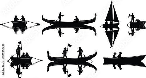 Gondola silhouette set, rowing boat with reflection, sailing vessel, fisherman on water, nautical transport icons, ocean adventure, lake travel, vector.