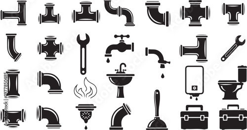 Plumbing tools and fixtures icon set collection
