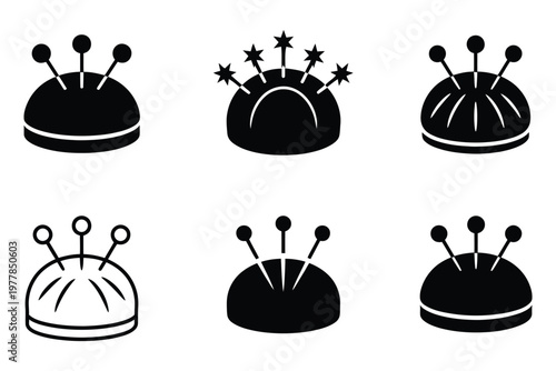 Sewing logo variations, sewing and quilting projects, creative set of icons including tomato pincushion with pins