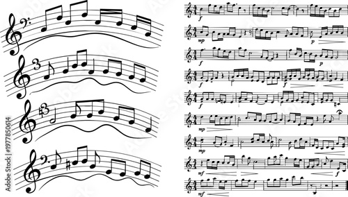 Music Notes and Sheet Music Icon Set with Staves, Clefs, and Musical Notes for Music, Art, and Audio Illustrations