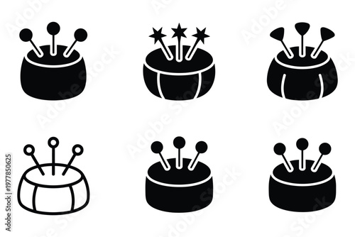 Sewing logo variations, sewing and quilting projects, set of logos featuring tomato pincushion with pins, harmonious icon set