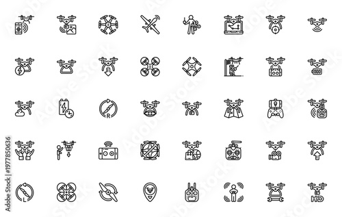 Drone technology icon set. Vector illustration. Includes drone, remote control, racing, battery, propeller, pin and more. Editable stroke.