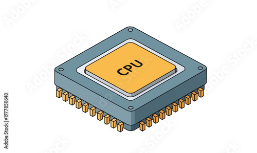 Isometric vector illustration of a central processing unit microchip, symbolizing the core intelligence and processing power of modern computers and digital technology