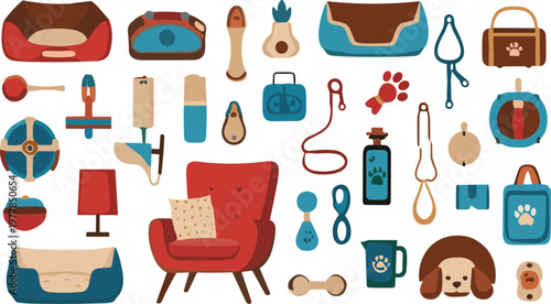 Pet Care Accessories Set with Beds, Toys, Leash, Carrier and Grooming Tools Cartoon Flat Vector Illustration Collection for Dog and Cat Design