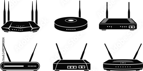 Black wireless wifi router silhouette collection with antennas for internet connection network technology and high speed data transfer isolated icons