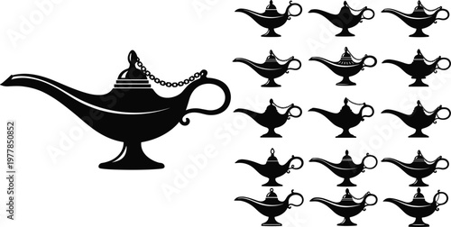 Black silhouette collection of traditional Arabian magic oil lamp icons isolated on white background for middle eastern fairy tale design