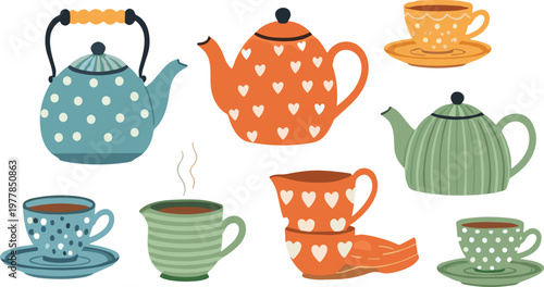 Cute Teapot and Cup Set with Heart Patterns and Cozy Tea Drink Elements Cartoon Flat Vector Illustration Collection for Kitchen Design