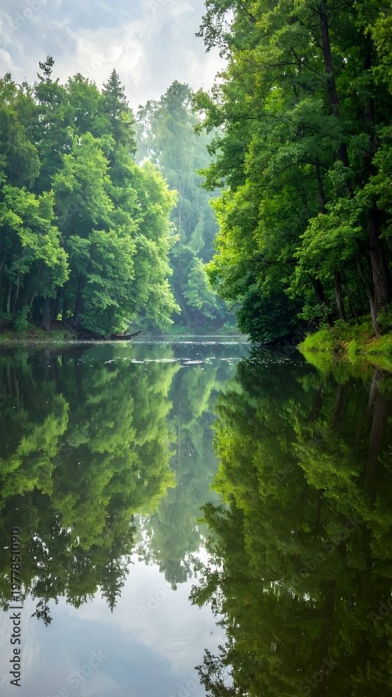 Fototapeta premium Lush Green Forest Reflected in Calm Lake Water on a Bright Day.