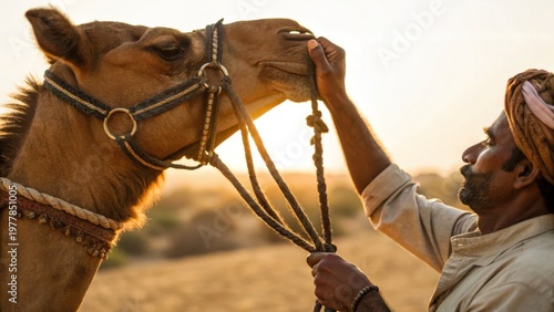 Man gently holds camel face during warm india desert safari, capturing peaceful moment of connection and tradition