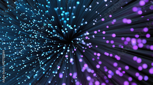 Abstract representation of a network of blue and purple illuminated light streams, creating a futuristic, technological backdrop.