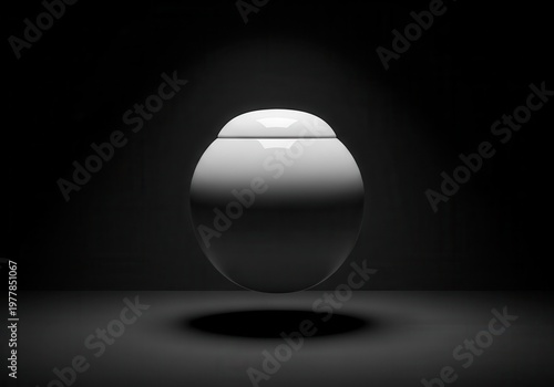 Smooth white orb floats in a dark void under dramatic spotlight.