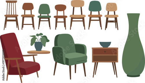 Furniture Set with Chairs, Armchairs, Side Table, Cabinet and Decorative Vase Flat Vector Illustration Collection for Interior Design Projects