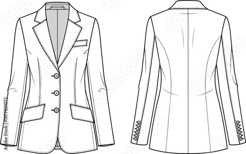 Technical CAD drawing flat vector illustration of a women's tailored three button blazer jacket with lapels and pockets front back