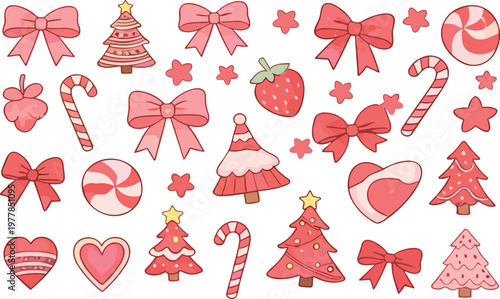 Cute  Valentine Elements Set with Bows, Candy Cane, Hearts, Trees and Strawberry Cartoon Flat Vector Illustration Collection for Festive Design