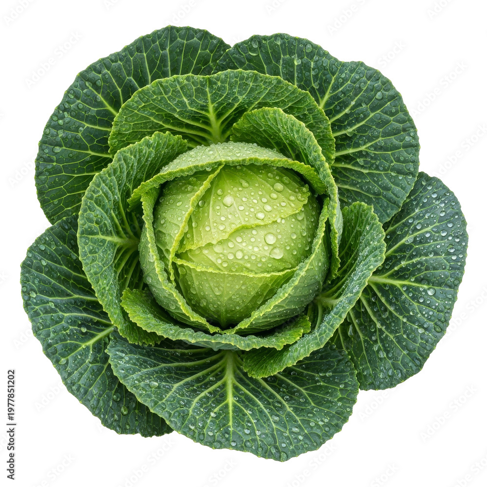 Fototapeta premium Crisp Green Cabbage with Water Droplets Representing Farm Fresh Produce and Healthy Dieting