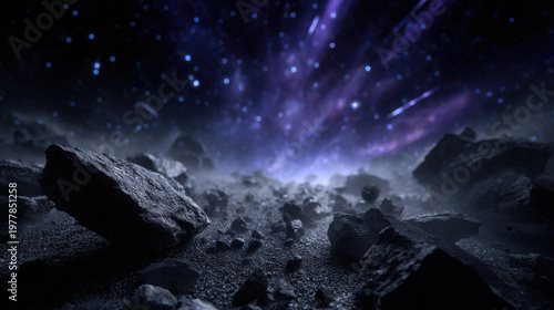 A breathtaking cosmic view with rocks as the foreground and the universe in the background, a fantastic and amazing outer space view