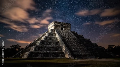 Pyramid of Kukulkan at night with stars.