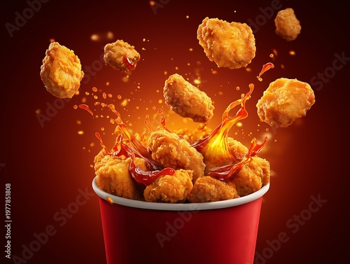 chicken classic nuggets tenders meal in bucket container, boneless wings or breast pieces in buffalo barbeque, or spicy sauce flying ingredients and spices food commercial advertisement menu banner