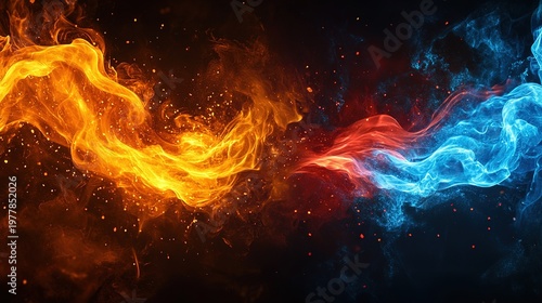 Fire and ice abstract background design with blue flames on left, red flames on right and floating orange embers on dark black backdrop, ultra-realistic detailed scene 