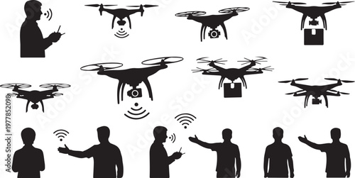 Silhouettes of people operating drones with technology