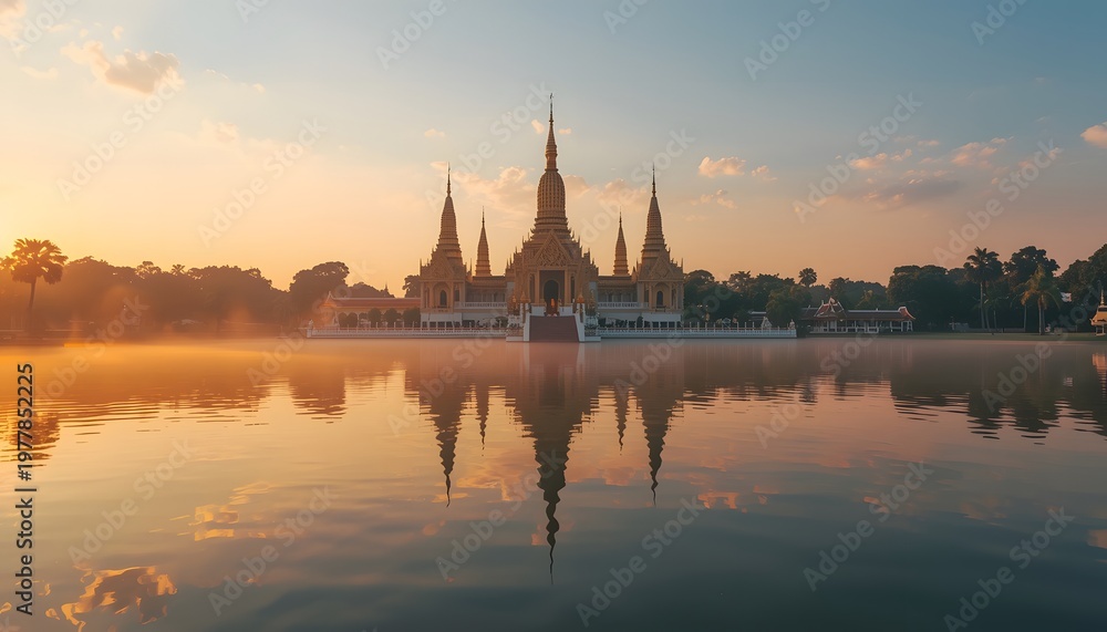 Fototapeta premium Golden Thai temple complex glowing at sunrise with reflection