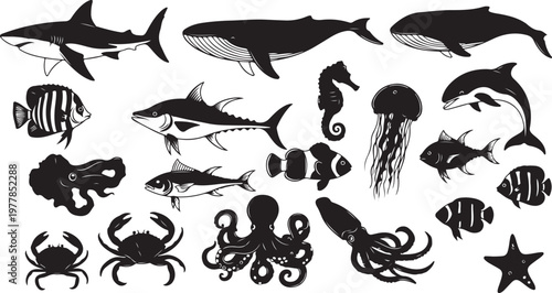 Black silhouettes of various ocean sea creatures collection