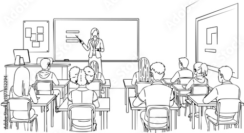 Vector illustration of a female teacher instructing a diverse group of students in a classroom setting