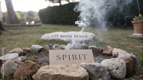 Calm and Peaceful Outdoor Setting with Smoke Rising from Stones Surrounding Spirit Sign for Tranquility and Reflection